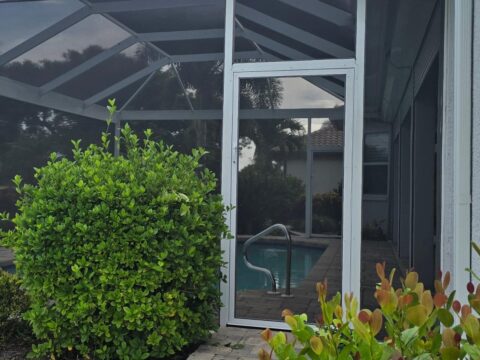 Custom welded NatureView aluminum screen door installed on a pool enclosure with clear view screen in Florida