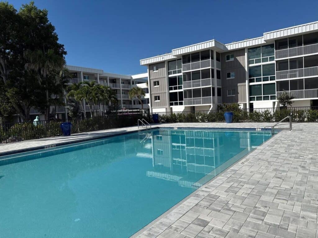 Alternate view of commercial aluminum pool railing at Island Beach Club in Sanibel Island Florida