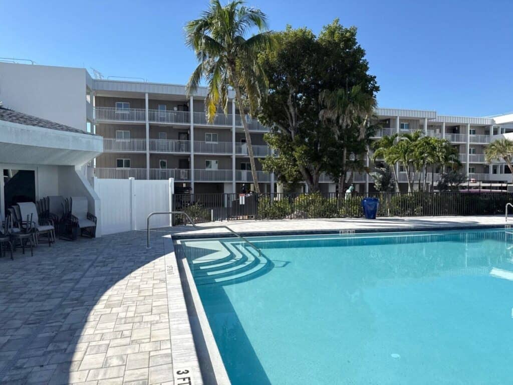 Commercial aluminum pool railing installed at Island Beach Club in Sanibel Island Florida