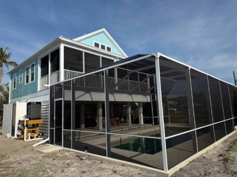 Custom aluminum pool screen enclosure installed at coastal home on Sanibel Island Florida