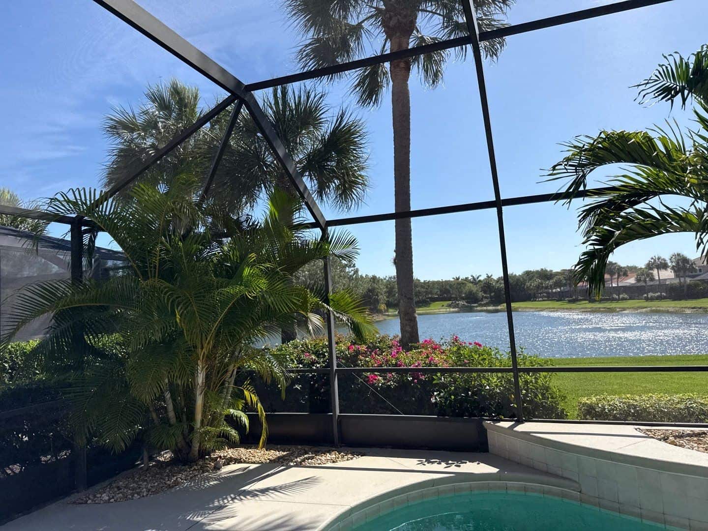 Landscape and lake view through a new screened pool enclosure in Bonita Springs